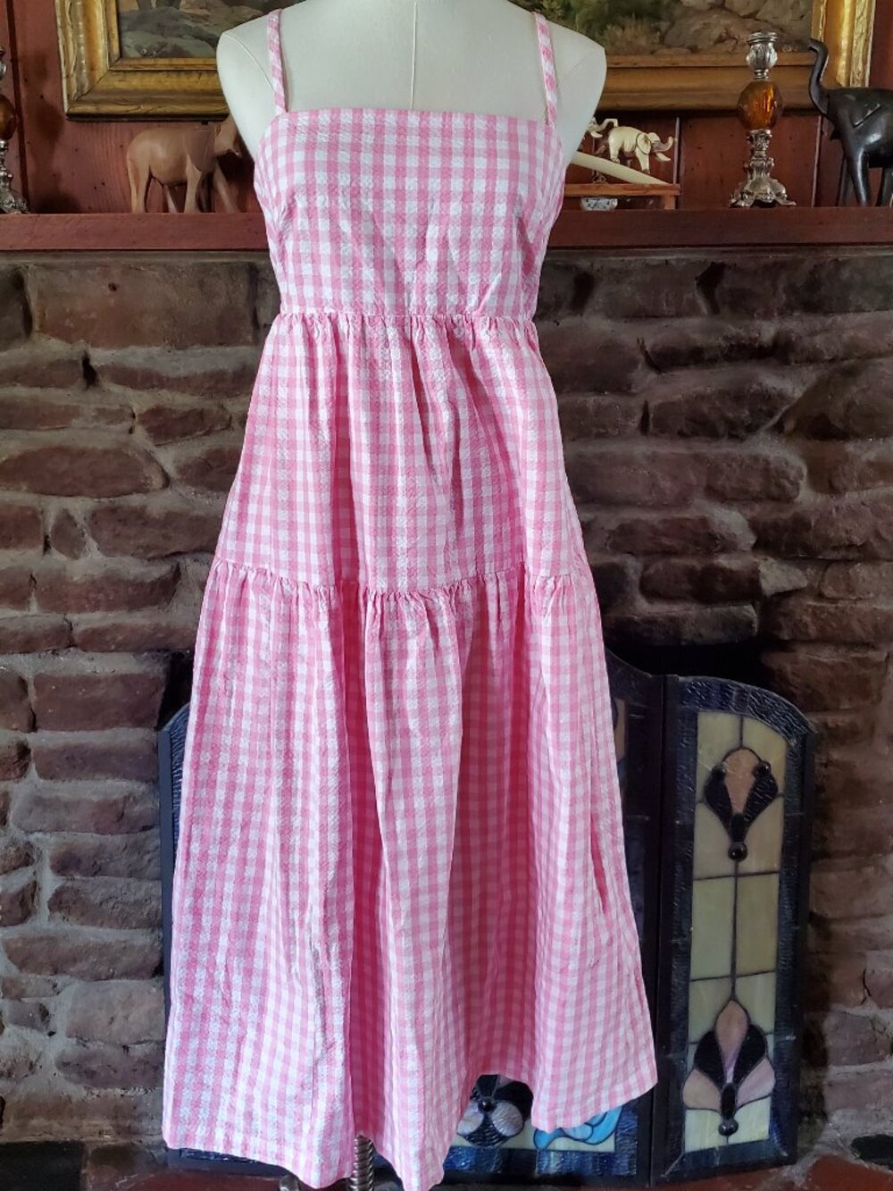 Vintage Cotton Seersucker Midi Dress Lined Summer Modest Cottage Pockets Small